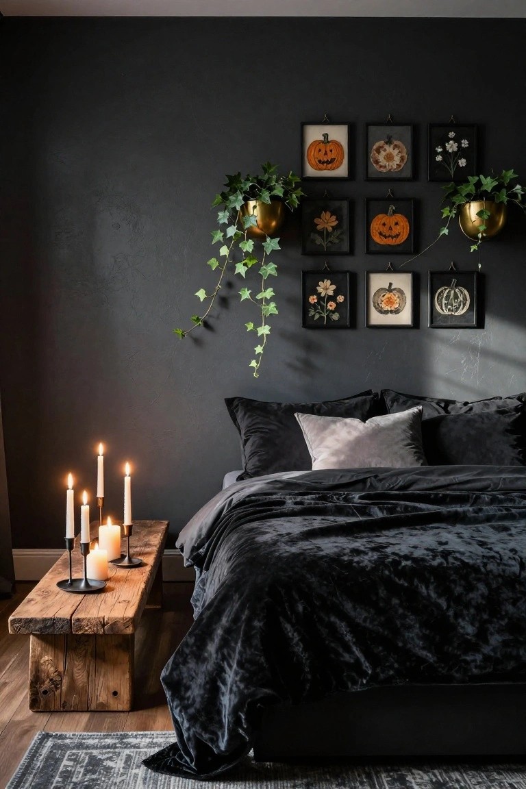 Dark bedroom featuring black velvet bedding on a bed, a rustic wooden bench with multiple lit candles beside it, and a wall above the bed with several black-framed prints of pumpkins and flowers plus ivy plants hanging from gold pots.
