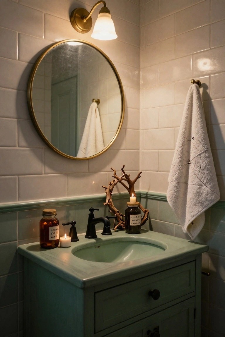 Green bathroom sink vanity topped with two labeled amber glass jars containing orange liquid, white candles, black metal faucet, and driftwood branch holding a candle and jar, next to a round brass mirror and white towel with black spiderweb embroidery on subway tile wall.