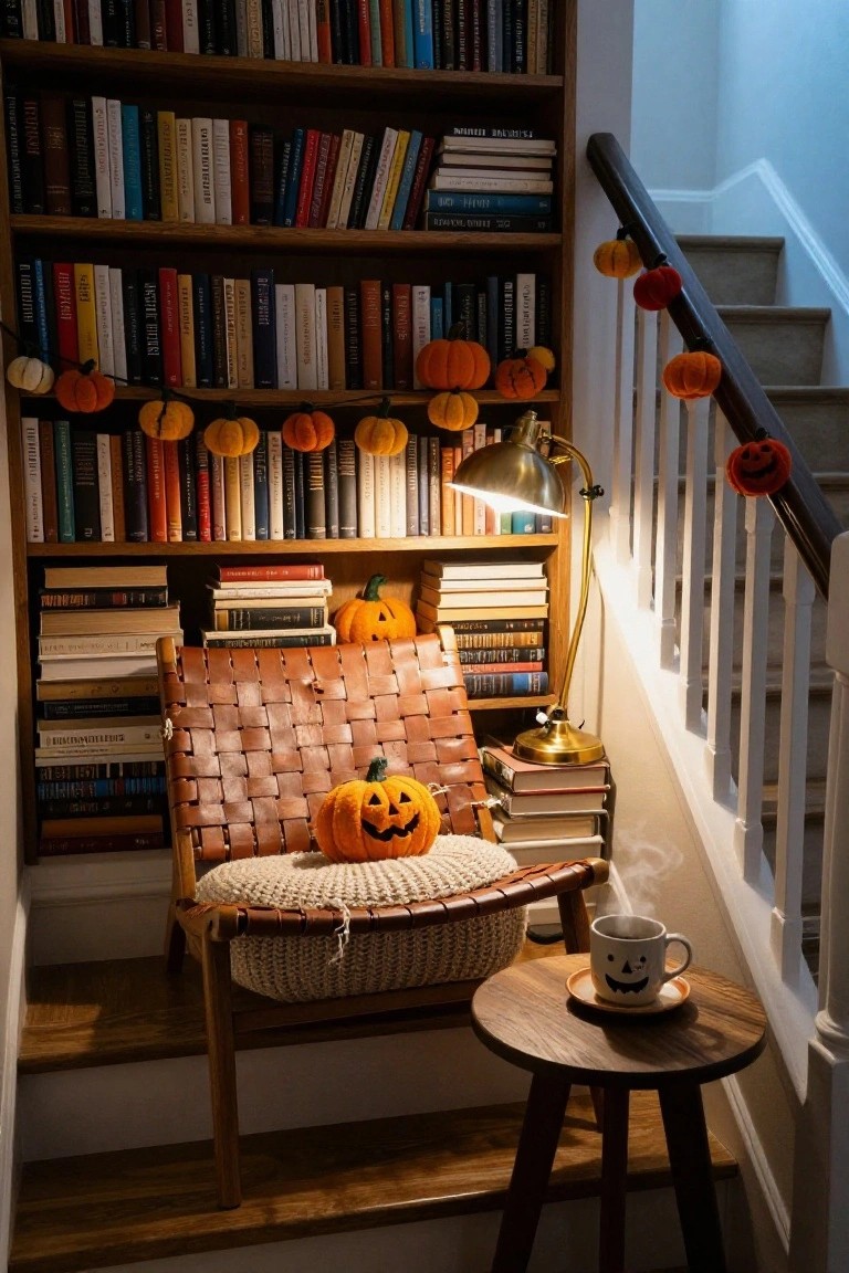 Wooden bookshelves filled with books surround a wicker armchair with a plush jack-o-lantern pumpkin on the seat, orange pumpkin garlands hanging nearby, a brass lamp, and a white mug with a jack-o-lantern face on a side table at the base of stairs.