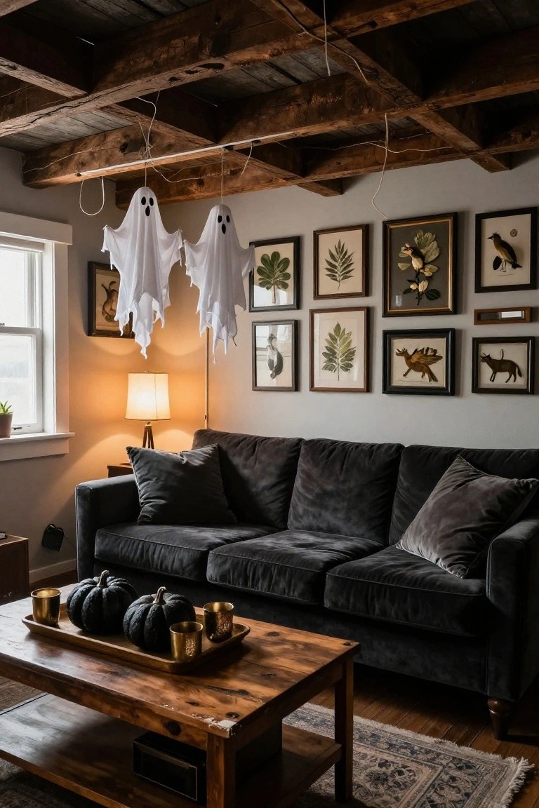 Living room with exposed wooden ceiling beams from which two white sheet ghosts hang, black velvet sofa, wooden coffee table holding black pumpkins in a tray with gold cups, framed botanical and animal prints on light gray walls, floor lamp, and window with plant.