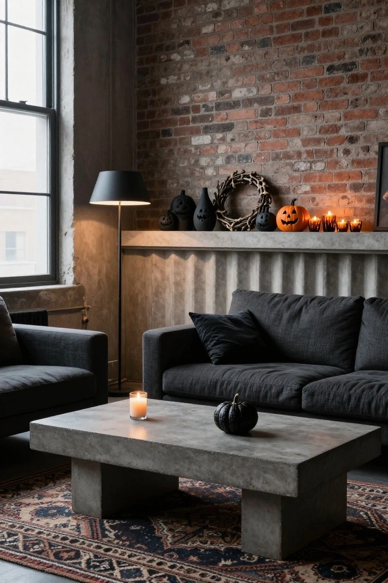Industrial living room with exposed brick walls, gray concrete coffee table holding a small black pumpkin and white candle, black sofas, floor lamp, and Halloween shelf decor including black cat figure, witch hat, orange pumpkin, and black glass vases with candles.