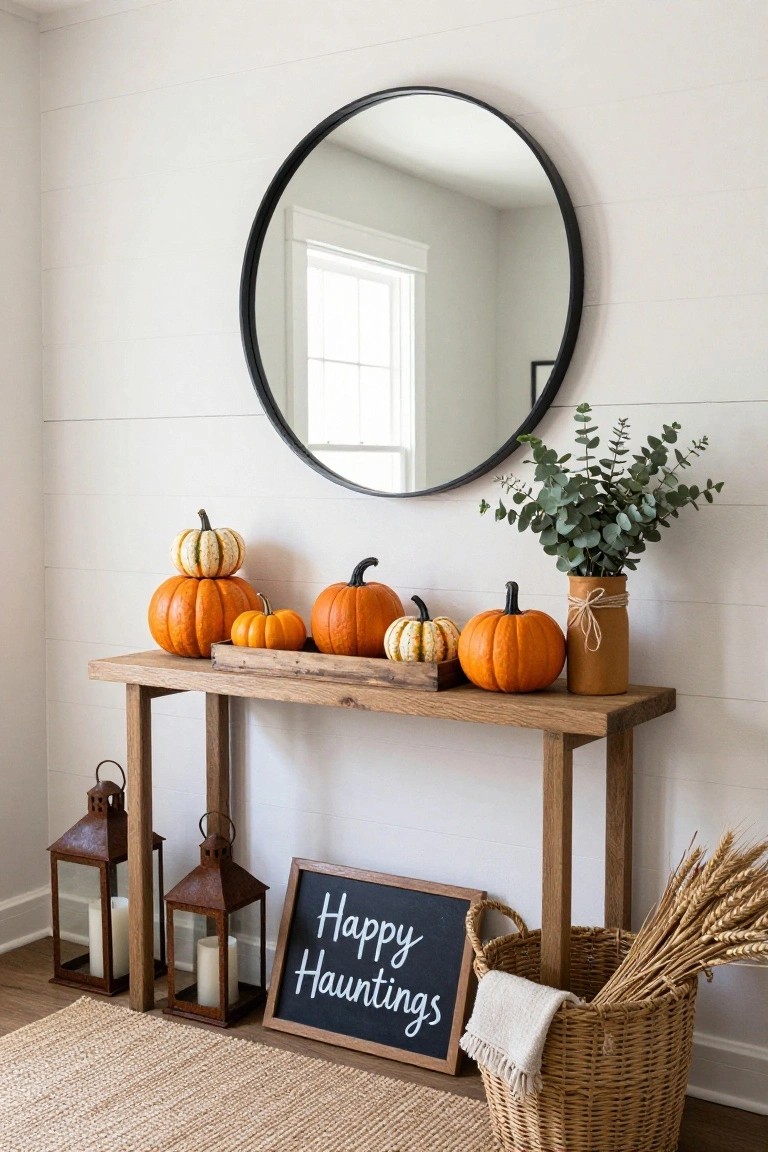 Rustic wooden console table in a white shiplap entryway holding assorted orange pumpkins, a jar of eucalyptus, and a chalkboard sign reading "Happy Hauntings," with metal lanterns, a basket of wheat stalks, and a large round black mirror mounted above.