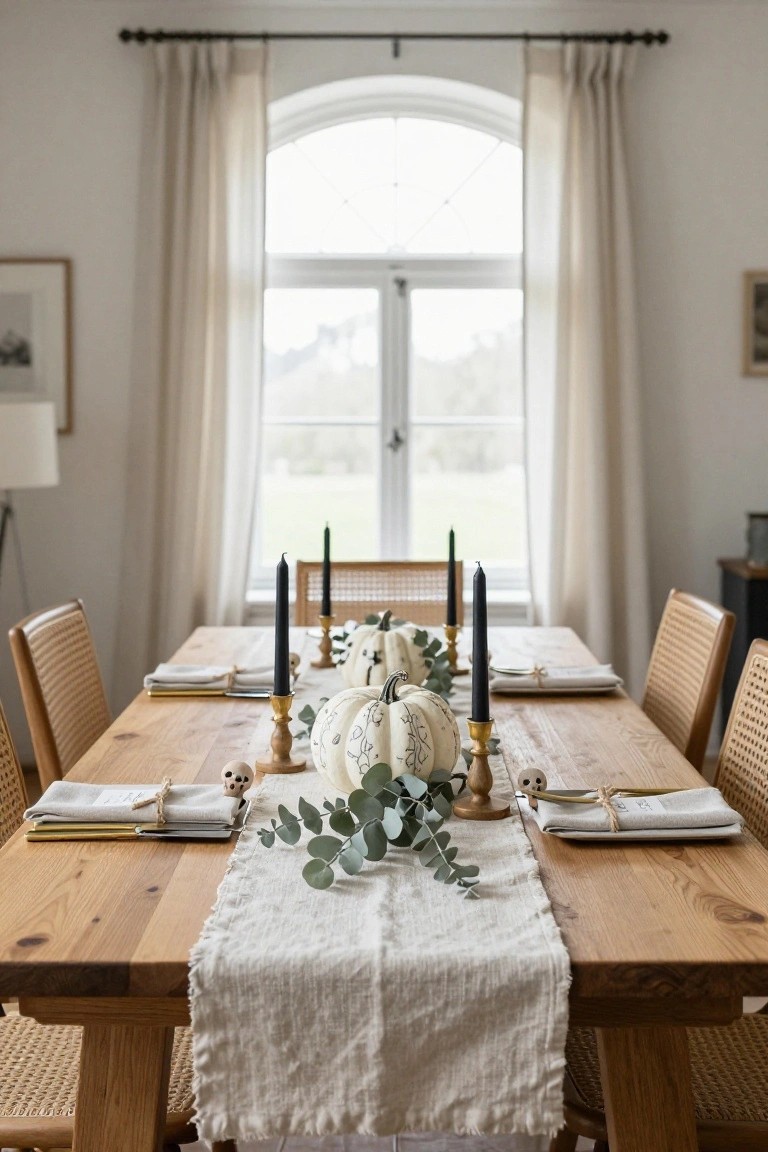 Dining table decorated for Halloween with multiple white pumpkins, eucalyptus greenery, black taper candles in gold holders, small white skulls, and linen napkins on a wooden surface, with rattan chairs and a large window in the background.