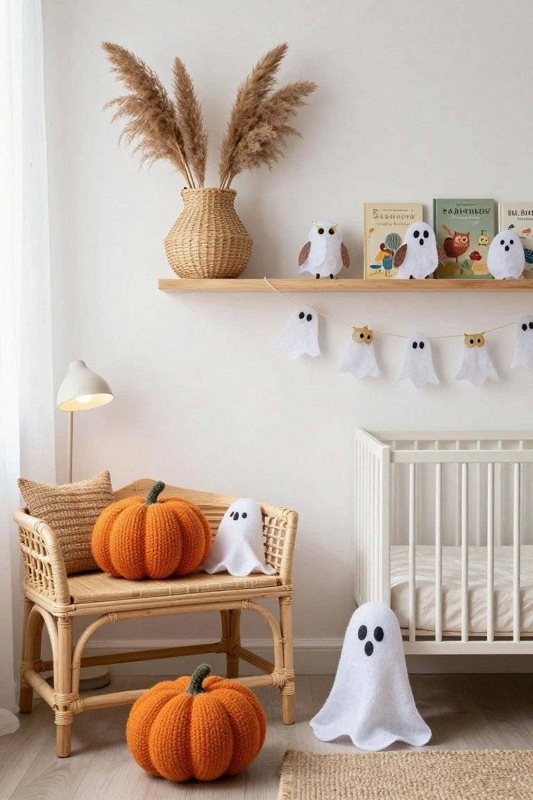 A light nursery room with white walls, wooden crib, rattan bench topped with orange crochet pumpkins and a white ghost plush, shelf holding books and white owl toys, pampas grass in a woven vase, ghost garland on wall, and a crochet pumpkin on the floor.