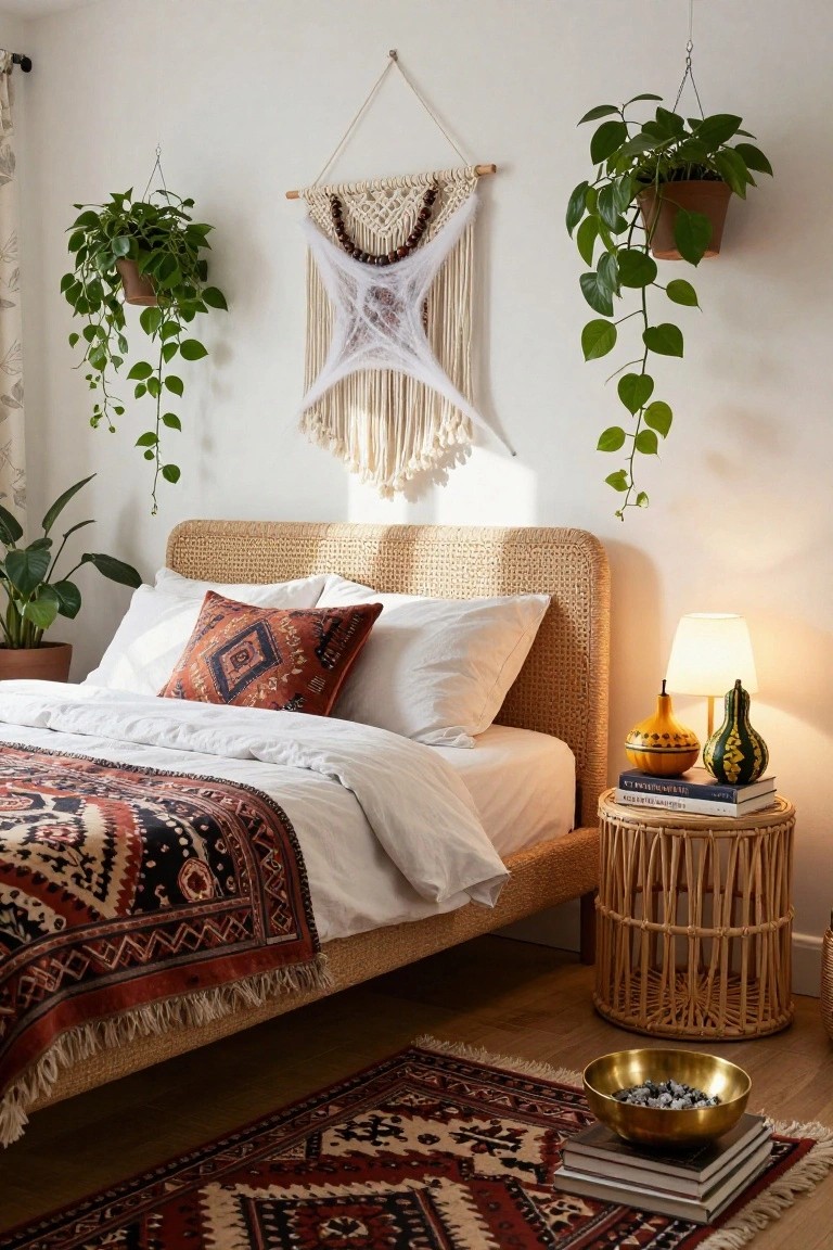 Bedroom with rattan bed frame, white bedding with red and black patterned throw, orange decorative pumpkin and green gourd on wicker side table with lamp, white macrame spider web hanging on wall, hanging plants, and patterned rug on floor.