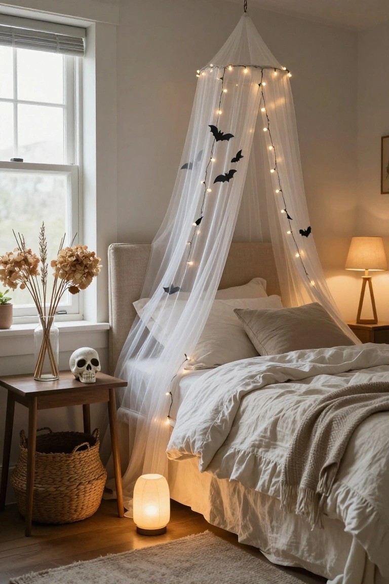 A bedroom with a white sheer canopy over a beige upholstered bed, strung with fairy lights and black bat shapes, a skull on a wooden nightstand, dried flowers in a vase, and a wicker basket nearby.