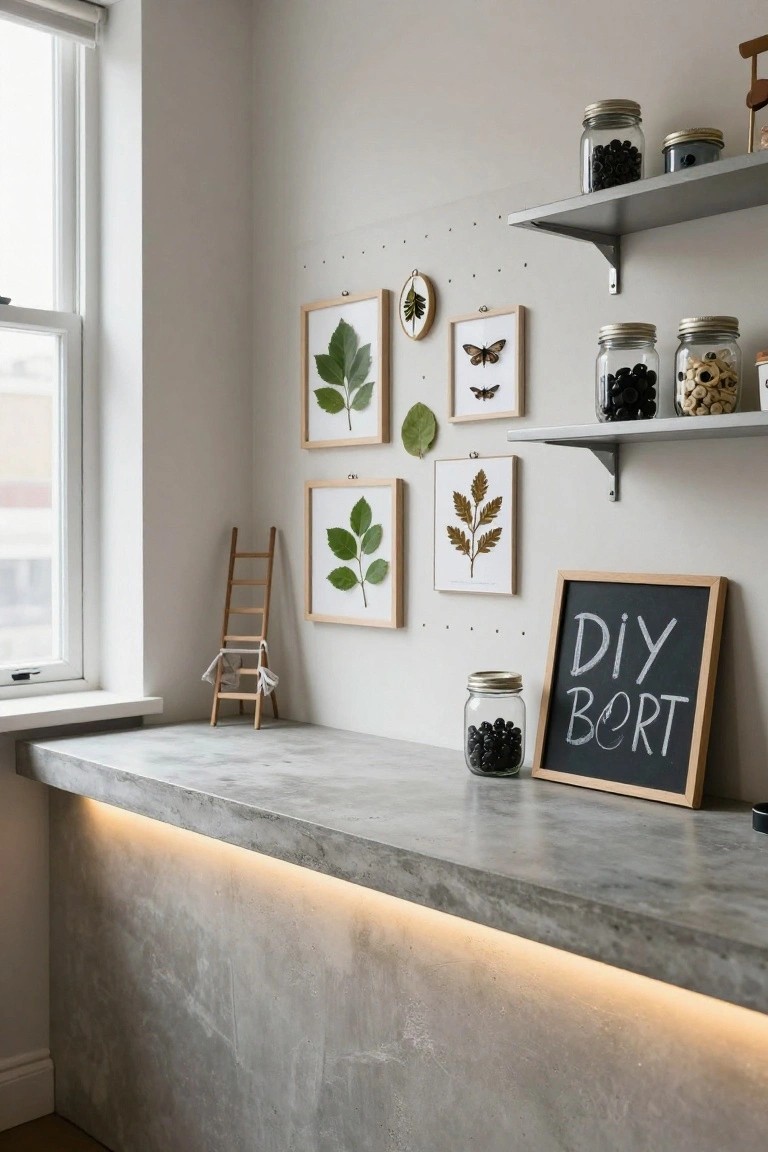 White interior room corner with gray floating shelves holding glass jars of black beads and nuts, framed pressed green and gold leaves and mounted butterflies, small wooden ladder, concrete countertop with LED strip lighting underneath, and wood-framed chalkboard sign reading DIY BORTBORT.
