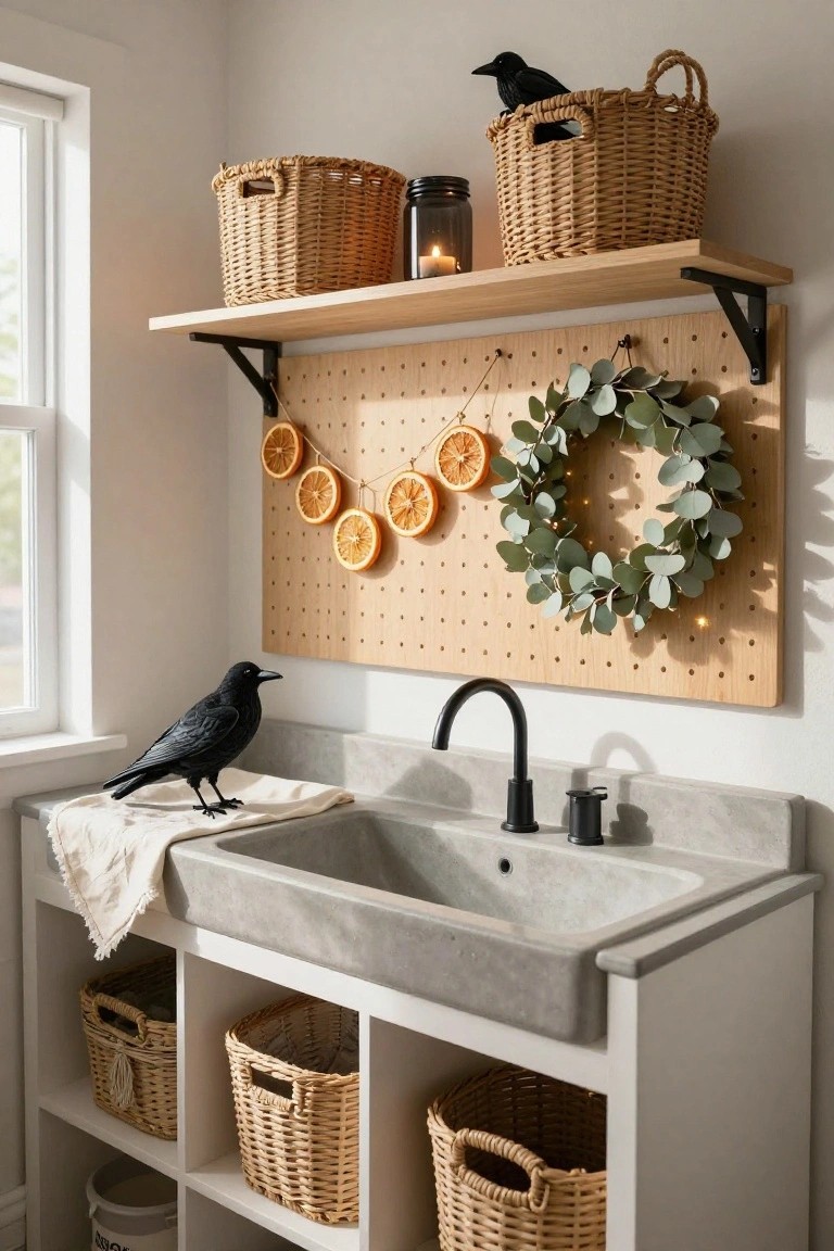 White cabinet with gray farmhouse sink in a laundry area, wooden pegboard wall with eucalyptus wreath and dried orange garland, black crow on sink edge, wicker baskets on shelves and in cabinets, shelves above with jars and more baskets.