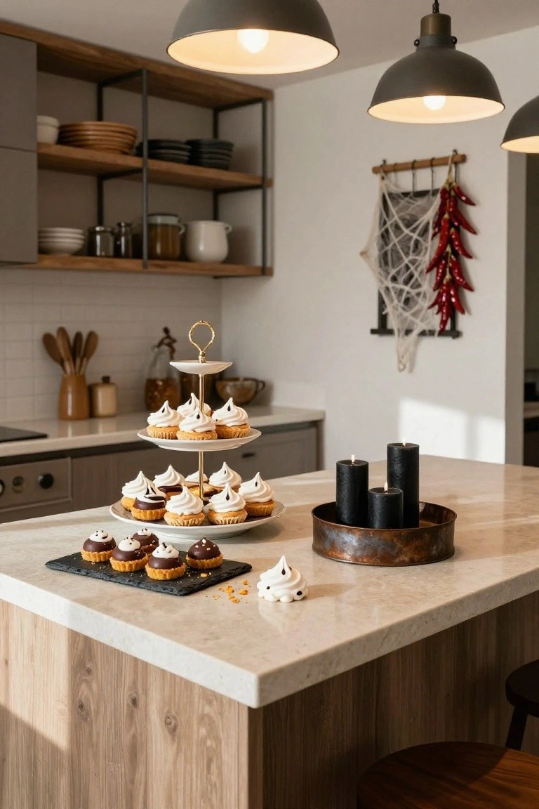 Kitchen island with white three-tiered stand holding cupcakes topped with white meringue ghosts, black pillar candles in copper tray, black slate board with more cupcakes, wooden spoons, and wall decor of spider webs and red chilies.