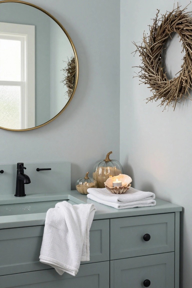 Sage green bathroom vanity with black matte faucet and sink, white towels draped over edge and stacked nearby, small white pumpkins, seashell holding lit candle, gold round mirror above, and wheat wreath on corner wall.