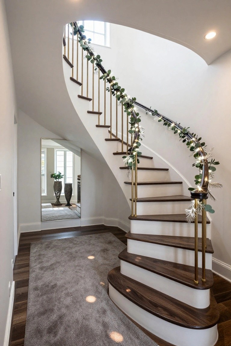 Curved white staircase with dark wood nosing and gold balusters wrapped in eucalyptus garland and fairy lights, in a white foyer with gray area rug, large mirror, and potted plants.