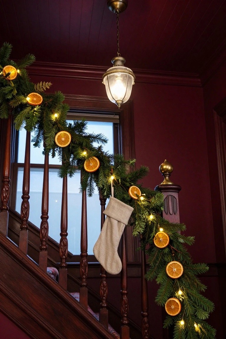 Wooden staircase with maroon paneled walls and a window, decorated with evergreen garland, dried orange slices, fairy lights, and a beige stocking hanging from the banister under a hanging lantern.