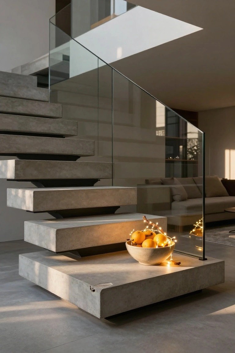 Modern floating concrete staircase with glass railings in a contemporary living room, featuring a white bowl of oranges wrapped in fairy lights placed on the bottom step.