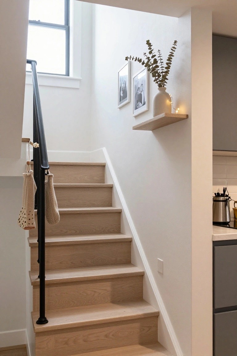 Light oak staircase with black metal railing and two knitted Christmas stockings hanging from it, floating wooden shelf above holding framed photos, white vase with fairy lights and eucalyptus branches, white walls, and gray kitchen cabinets nearby.