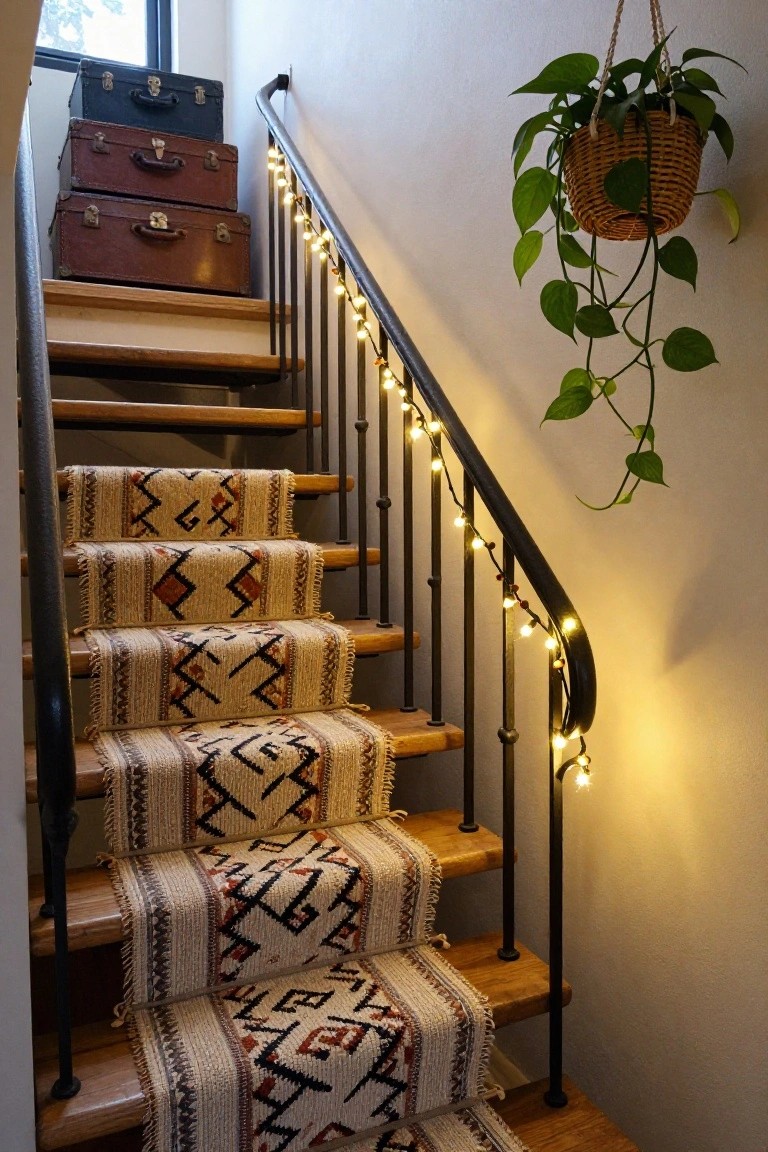 Wooden staircase with black metal railing wrapped in small white string lights, colorful woven runner rugs on steps, three stacked vintage suitcases at the top landing, and a hanging potted plant nearby.