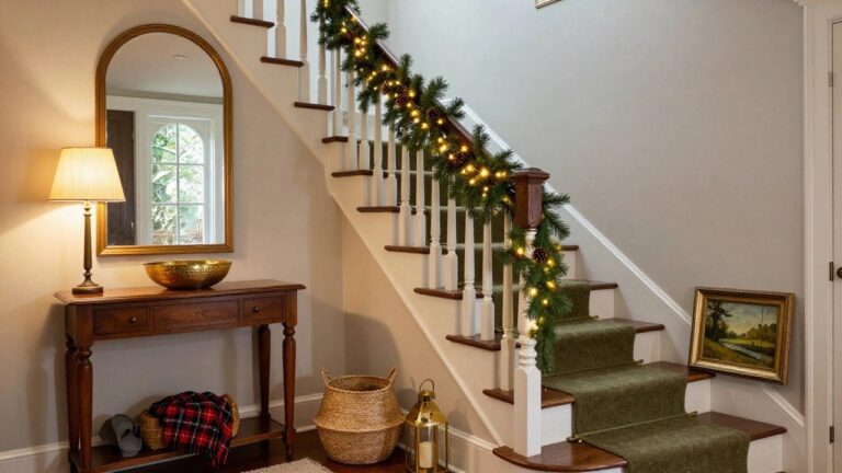 24 Dreamy Staircase Christmas Light Ideas That Glow With Grace Wooden staircase with dark banister wrapped in green pine garland and white string lights, green carpet runner on white steps flanked by brass bowl and lantern, in a light beige stairwell with arched window.