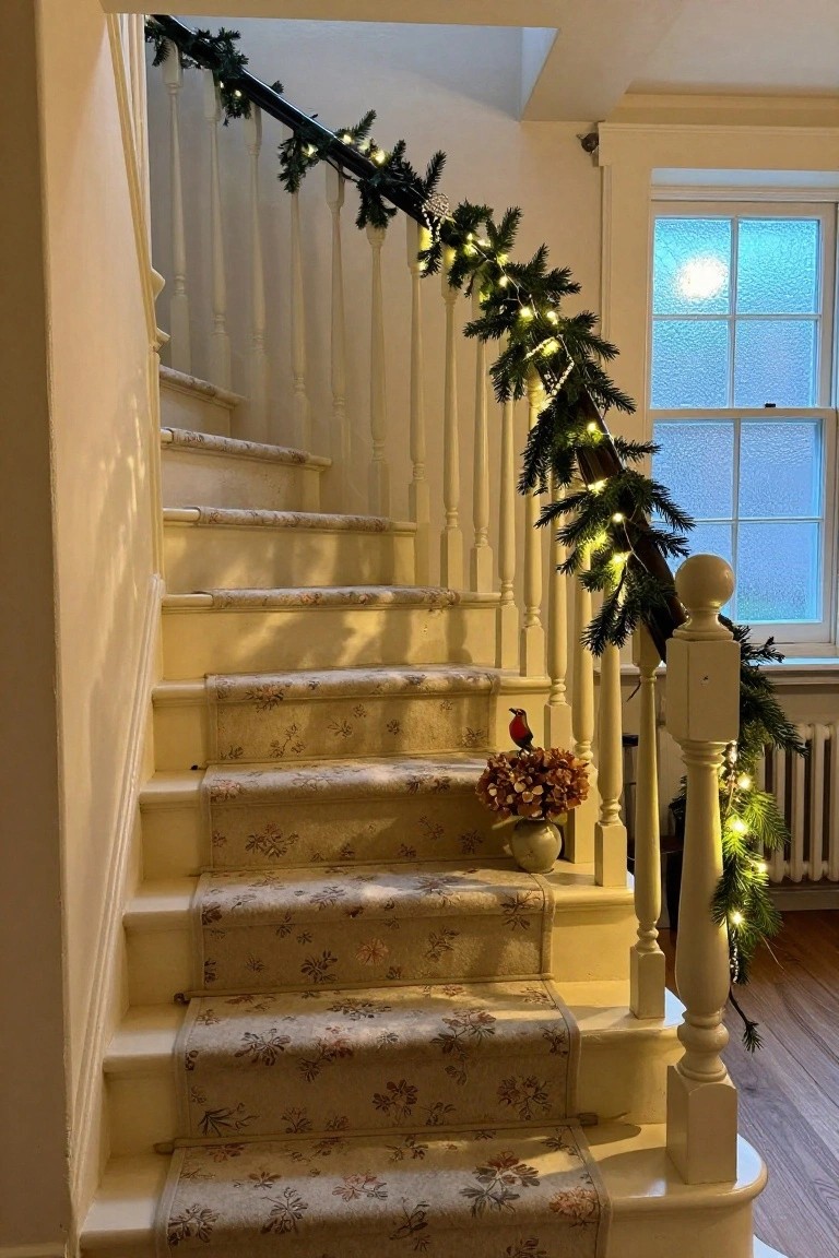 Curved interior wooden staircase with white banister and beige floral carpet runner, decorated with green pine garland strung with white fairy lights along the railing, a red robin figure and potted hydrangea bouquet on one step, beside a window and radiator.