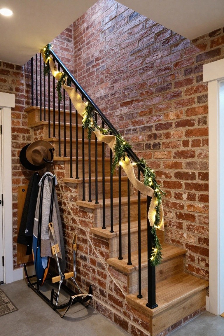 Brick-walled indoor staircase with oak treads, black metal railing wrapped in green garland, fairy lights, and burlap ribbons; hats, coats, skis, surfboard, and sled lean nearby on wooden rack.