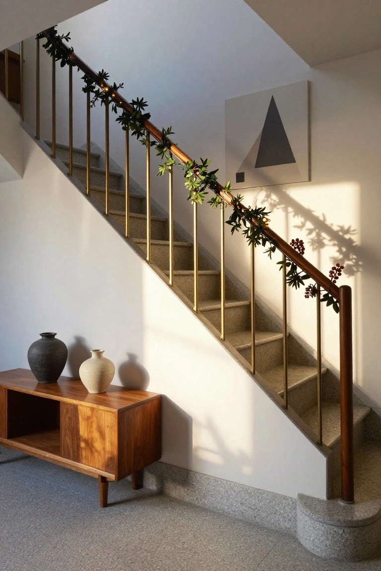 Sunlit interior staircase with gold metal railing wrapped in green leafy garland, small white lights, and red berry clusters, next to a wooden credenza holding black and beige ceramic vases and an abstract geometric painting on the white wall.