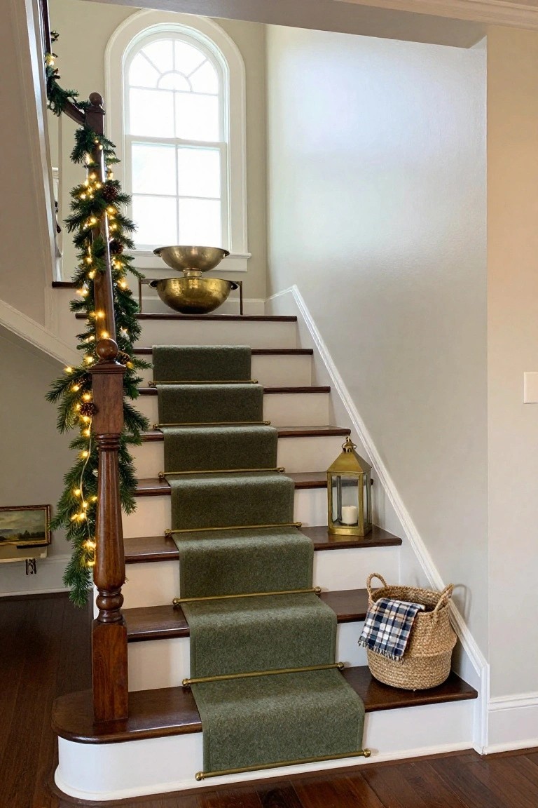 Wooden staircase with dark banister wrapped in green pine garland and white string lights, green carpet runner on white steps flanked by brass bowl and lantern, in a light beige stairwell with arched window.