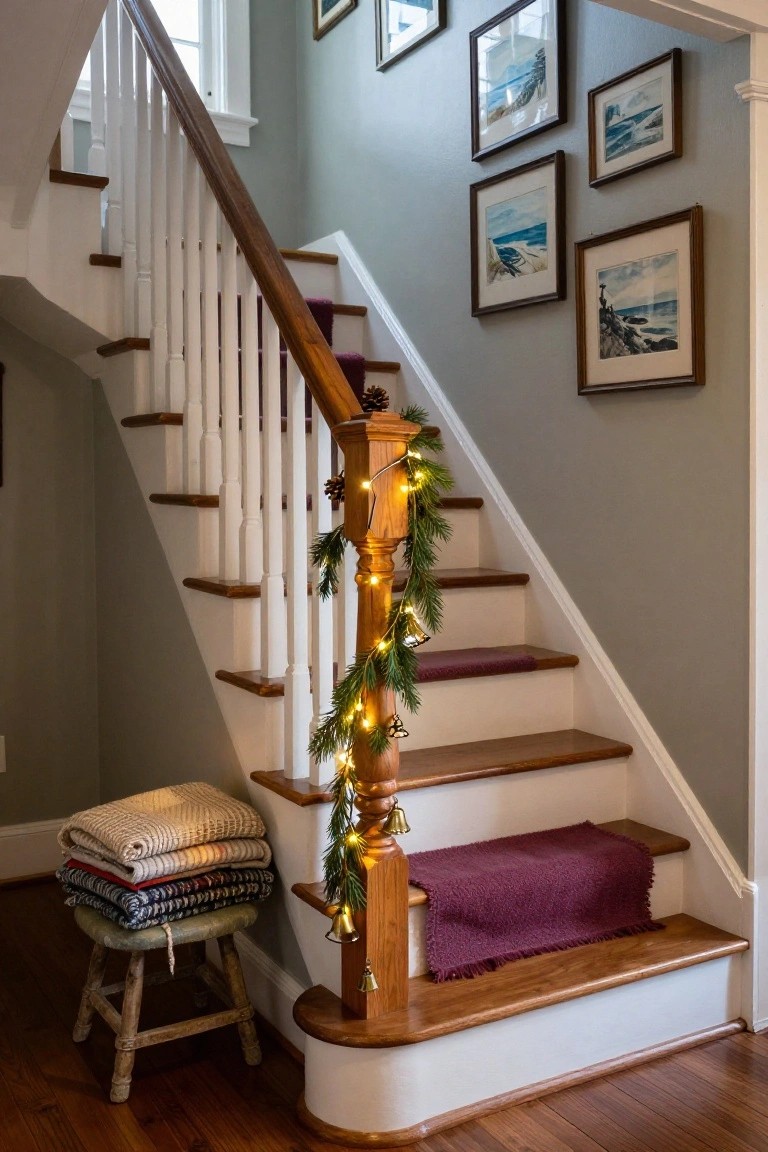 Indoor staircase with white balusters and oak treads, decorated with pine garland, fairy lights, pinecones, and bells wrapped around the wooden newel post, purple stair runner, stack of blankets on a stool nearby, and ocean art on gray walls.