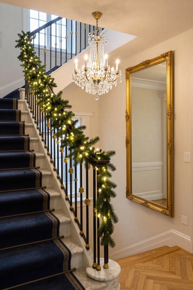 Grand interior staircase with navy carpet runner, black wrought iron balusters wrapped in evergreen garland and white fairy lights, crystal chandelier overhead, and tall gold-framed mirror on adjacent wall.