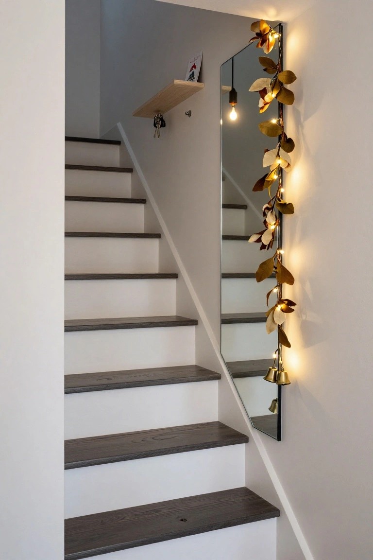 Tall narrow mirror mounted on white wall beside staircase with dark wood treads, wrapped in golden leaf-shaped fairy lights with small bells at the base.
