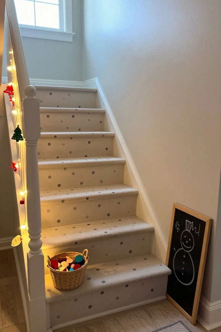 Carpeted staircase with gray polka-dot runner, white wooden railing wrapped in string lights and small holiday ornaments including red bells and a green tree, wicker basket of colorful wooden blocks at the base, and wooden chalkboard with snowman drawing leaning nearby.