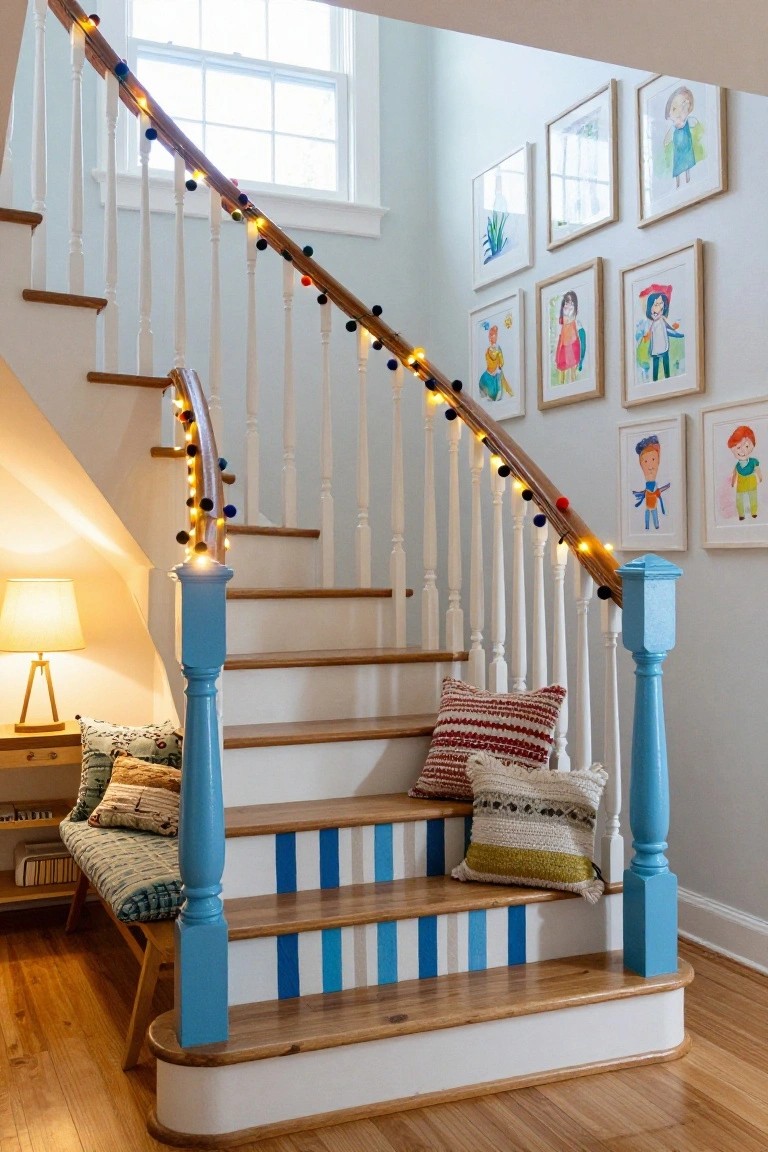 Wooden staircase with white risers, blue-painted newel posts and stripes on the steps, banister wrapped in string lights and multicolored pom-poms, children's artwork framed on walls, pillows on a bench, and a lamp nearby.