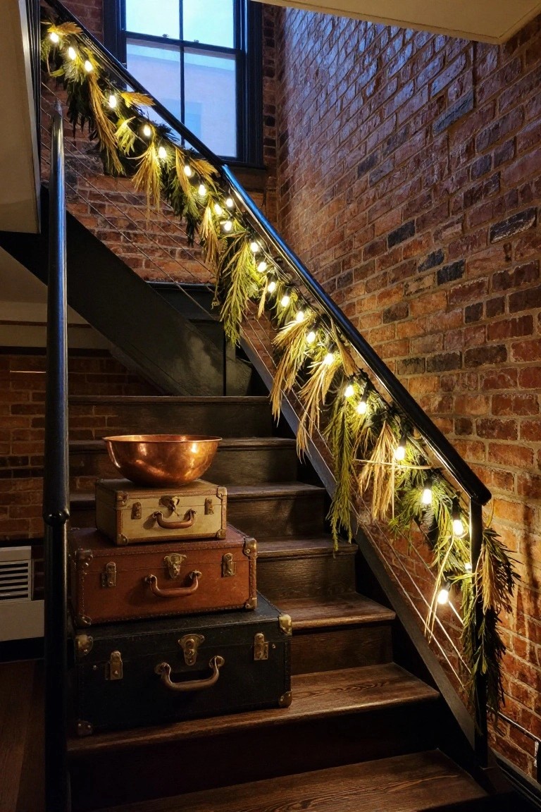 Brick-walled indoor staircase with black metal railing wrapped in garland of wheat stalks, ferns, and warm white string lights, plus stacked vintage suitcases topped with a copper bowl on the lower steps.