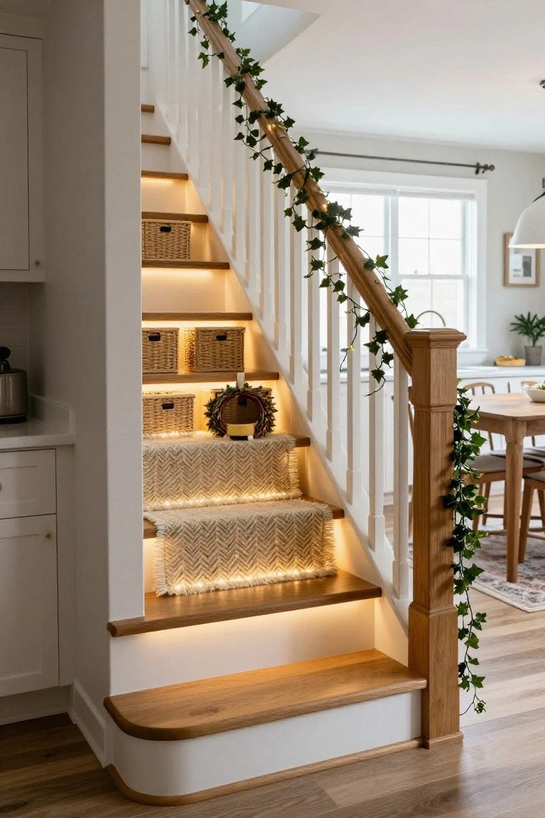 Wooden staircase with white risers and oak treads lit by warm LED strip lights underneath, ivy garlands wrapped around the oak handrail, wicker baskets on built-in shelves next to the stairs, and a kitchen visible in the background.