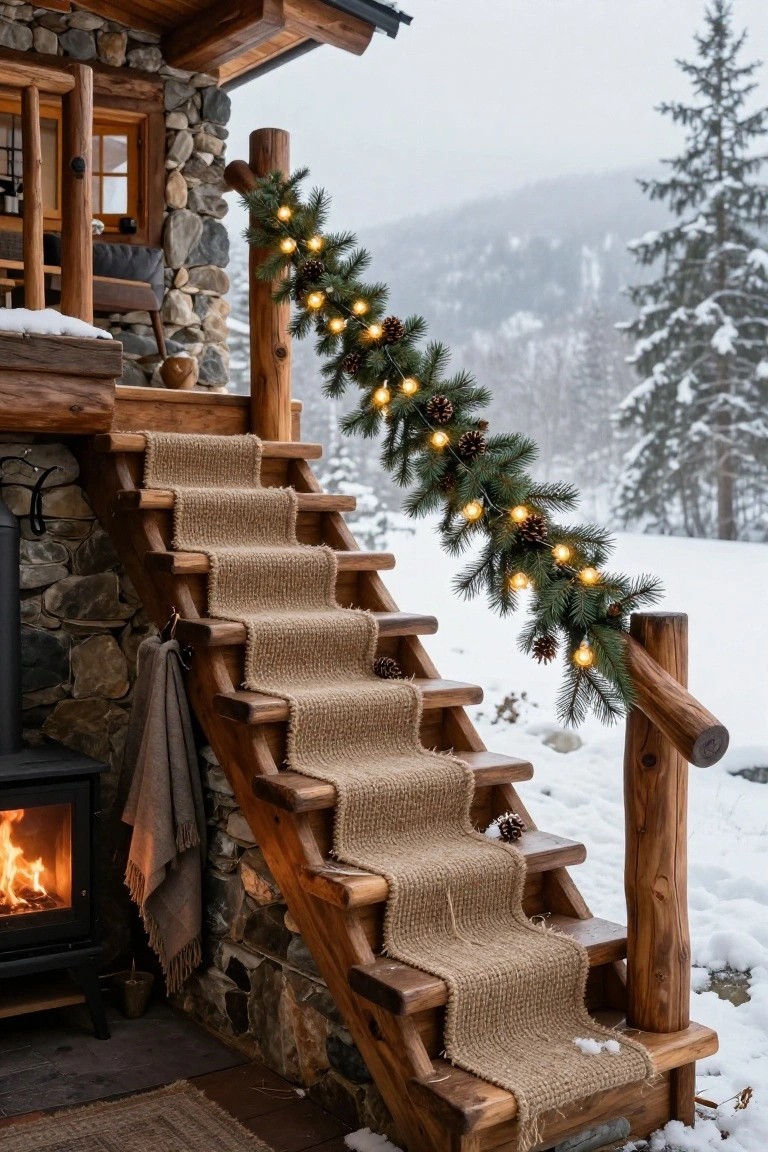 Outdoor wooden staircase with beige runner carpet, stone walls, bottom fireplace, and railing wrapped in green pine garland with pinecones and warm white string lights, surrounded by snow and evergreen trees.