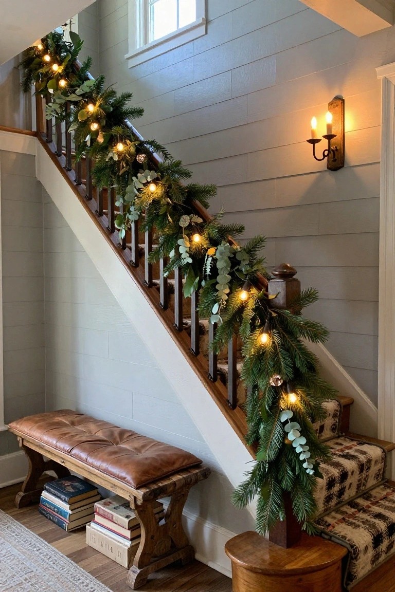 Wooden staircase railing wrapped in green pine garland, eucalyptus leaves, gold ornaments, and warm white string lights, beside a leather-tufted bench with stacked books on a shiplap wall.