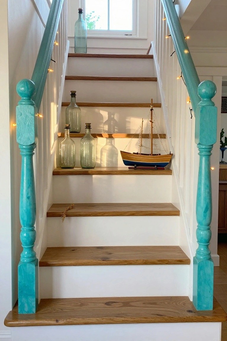 Wooden staircase with turquoise-painted railings wrapped in white string lights, several vintage green glass bottles and a wooden model sailboat placed on the steps, next to a window with natural light.