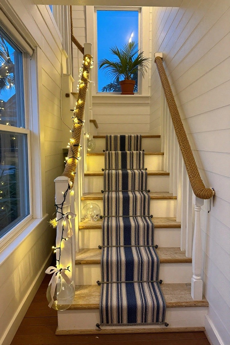 White interior staircase with blue and white striped carpet runner, thick rope-wrapped handrails strung with warm white Christmas lights and clear glass balloons hanging from them, potted palm plant on a windowsill nearby.