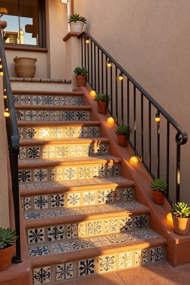 Outdoor staircase with terracotta treads and blue-and-white patterned tile risers, black metal railing wrapped in small warm string lights, potted succulents along the steps and railing, and a door visible at the top.