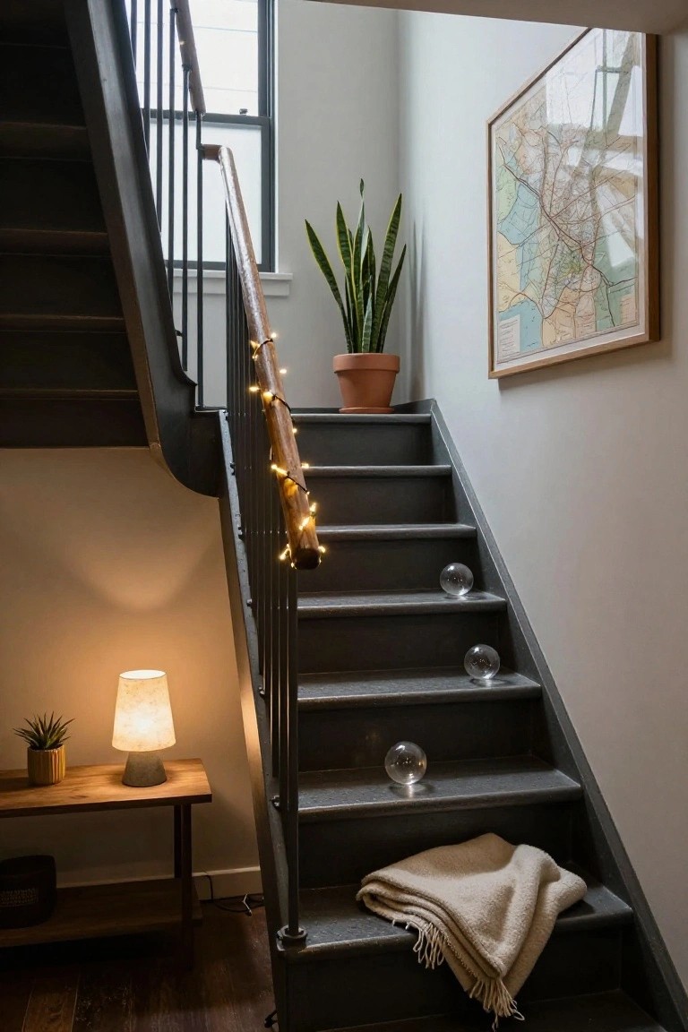 Dark metal staircase with wooden railing wrapped in warm white string lights, clear glass orb ornaments placed on several steps, potted snake plant on landing, framed map on wall, lamp and bench at base.