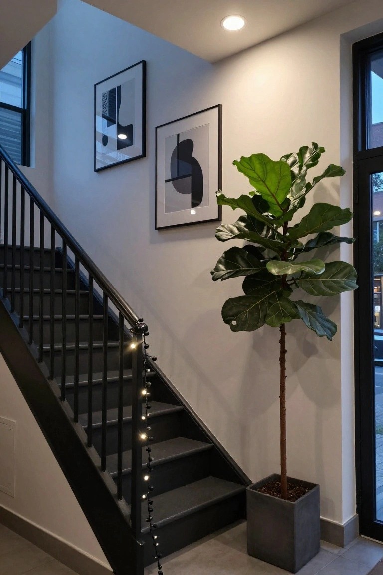 Indoor staircase with black metal railing wrapped in small white string lights, two abstract black-and-white framed prints on white walls, large potted ficus tree in gray pot beside the stairs, and a large window showing exterior view.
