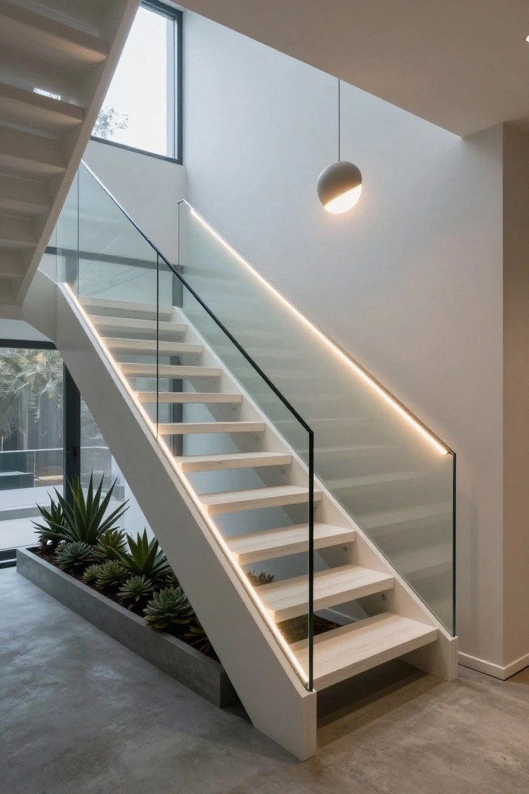 Modern staircase with white oak treads, glass railings with integrated LED lighting along the handrail, potted succulents in a concrete planter at the base, and large windows overlooking greenery.
