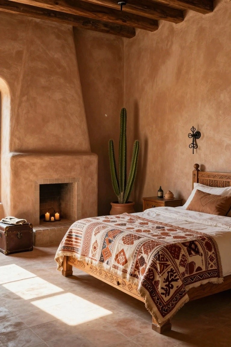 Bedroom interior with curved terracotta adobe walls, wooden vigas ceiling, tall potted saguaro cactus, carved wooden bed with patterned woven quilt, nightstand, and corner fireplace with burning candles.
