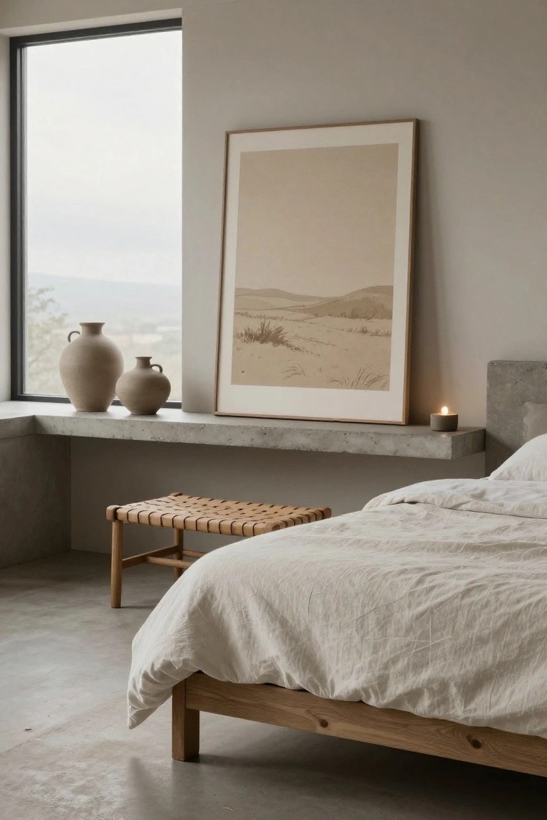 Bedroom corner with concrete window ledge displaying two terracotta vases and a candle next to a large leaning beige landscape print, wooden stool, and low wooden bed with white linen bedding on polished concrete floor.