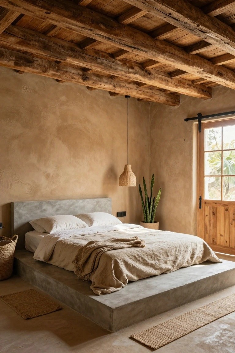 Bedroom with exposed wooden beam ceiling, beige textured walls, low gray concrete platform bed with white pillows and beige linen bedding and throw, rattan pendant light, potted snake plant, woven basket, seagrass rugs on concrete floor, and wooden sliding door with glass panels to outdoors.
