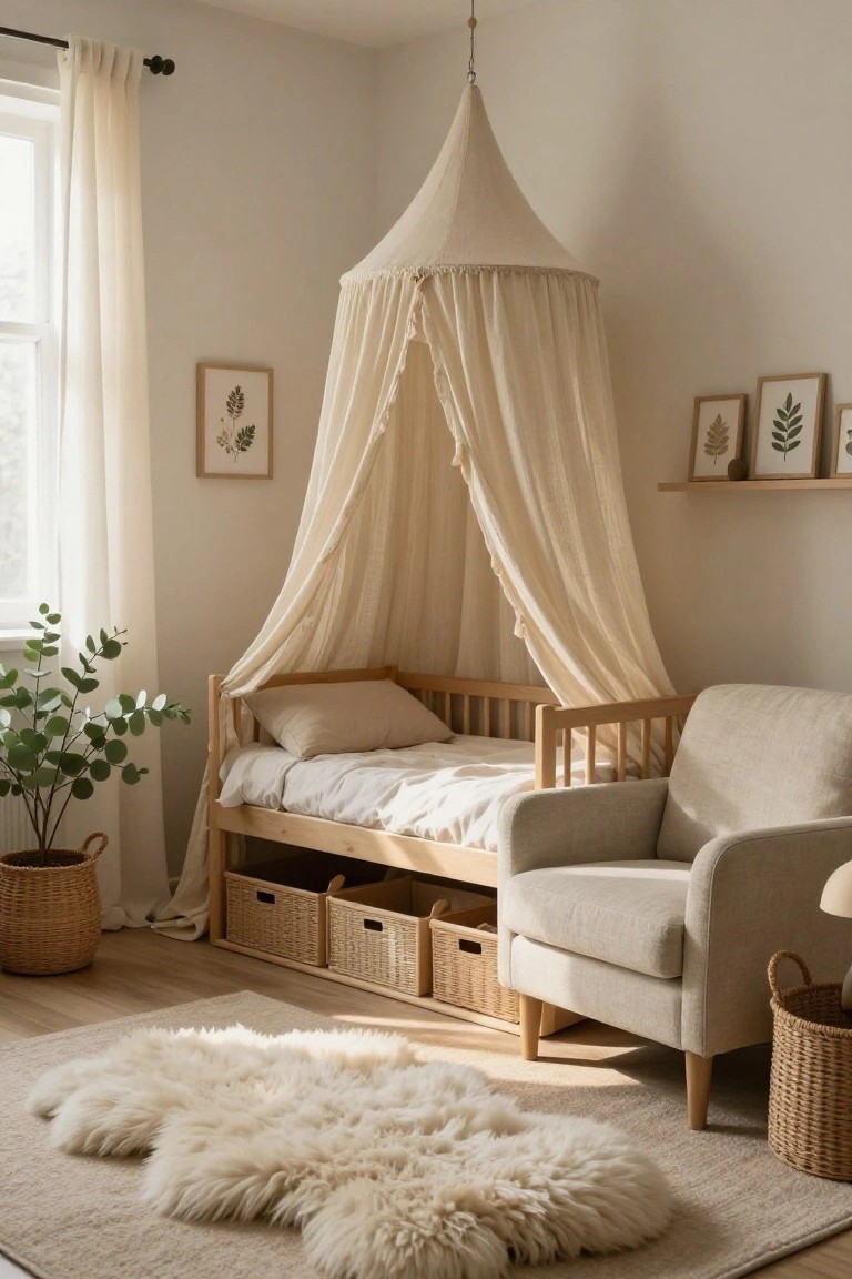 A neutral-toned children's bedroom with a wooden toddler bed under a draped beige canopy, flanked by wicker storage baskets, a potted eucalyptus plant, framed botanical prints, a cream armchair, and a white sheepskin rug on light wood floors.