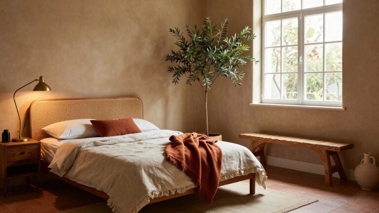 24 Earthy Bedroom Ideas Bedroom with wooden bed frame, white linen sheets, rust throw blanket, rattan headboard, brass lamp and mug on wooden nightstand, tall potted olive tree by window overlooking palms, wooden bench, two terracotta vases on terracotta tile floor, beige plastered walls.