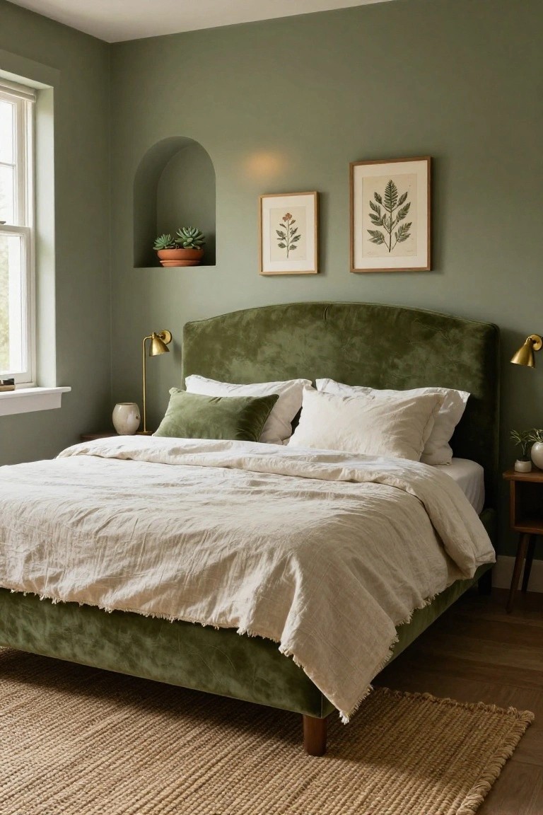 Bedroom with sage green walls, green velvet upholstered bed frame and headboard, white linen bedding with green pillows, brass wall lamps, botanical leaf prints, potted succulents in arched niche, seagrass rug, and wooden side table.