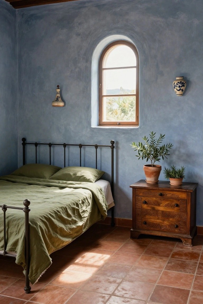 Bedroom interior with blue textured plaster walls, arched wooden window, black iron bed frame with sage green linen duvet and pillows, wooden nightstand holding potted olive tree and small plant, ceramic lamp and vase on wall, terracotta tile floor.