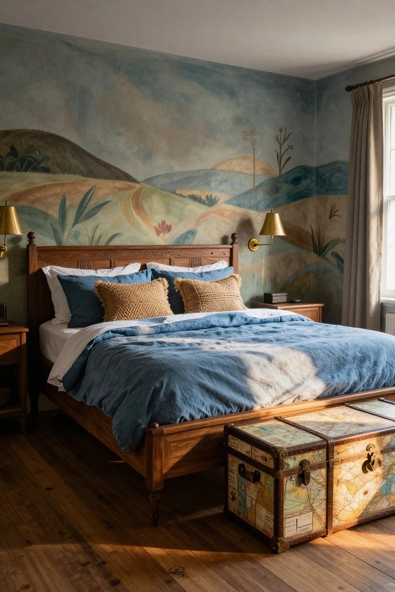 Bedroom with a large wall mural depicting rolling hills, plants, and a path in earthy blues and greens, wooden bed with blue linens and textured pillows, gold wall sconces, wooden nightstands, and a vintage map-covered trunk at the foot.