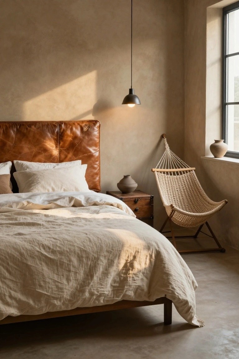 Corner bedroom with brown leather headboard on wooden bed frame, white linen sheets and duvet, nightstand with terracotta pots, rattan hammock chair, pendant lamp, textured beige plaster walls, and black metal windows with sunlight streaming in.