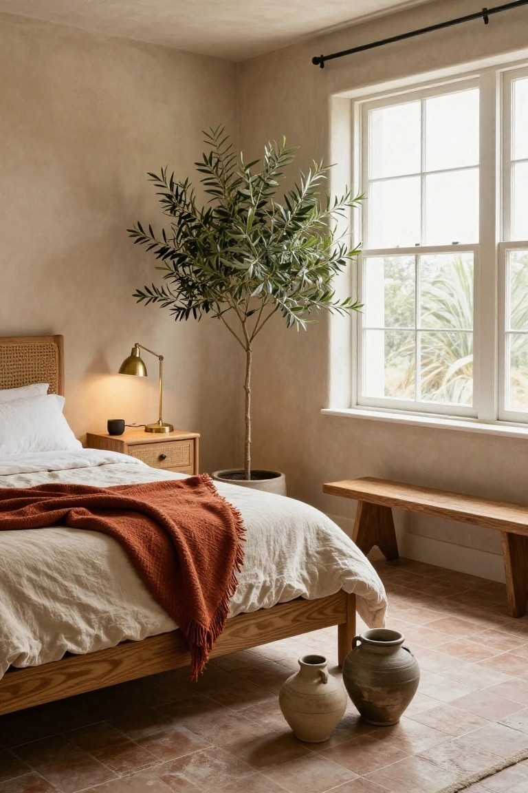 Bedroom with wooden bed frame, white linen sheets, rust throw blanket, rattan headboard, brass lamp and mug on wooden nightstand, tall potted olive tree by window overlooking palms, wooden bench, two terracotta vases on terracotta tile floor, beige plastered walls.
