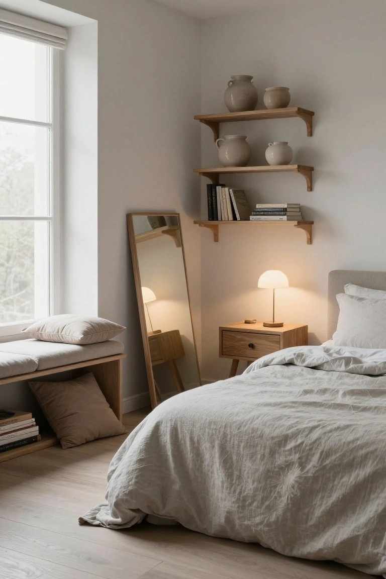 Bedroom corner with light wood floating shelves holding beige ceramic jars and books, a full-length wood mirror, wooden bed frame with white linen bedding, nightstand lamp, and window with blinds.